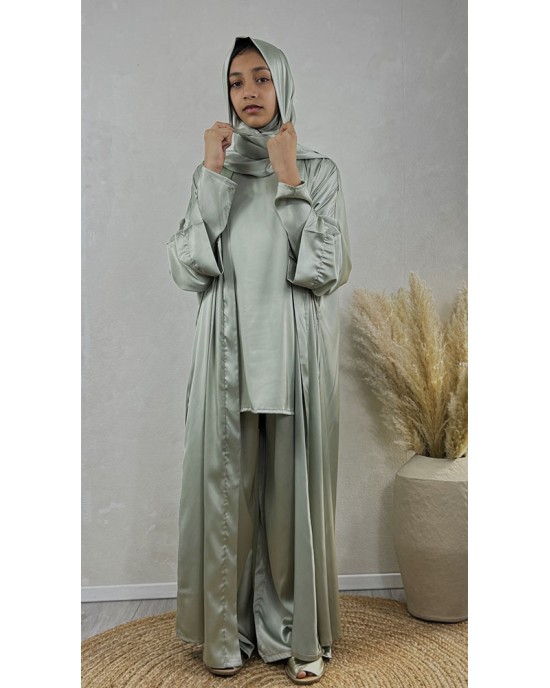 New Childrens 4-Piece Trouser Abaya Set - Sage Green