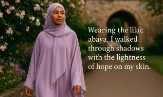 Wearing the lilac abaya, I walked through shadows with the lightness of hope on my skin