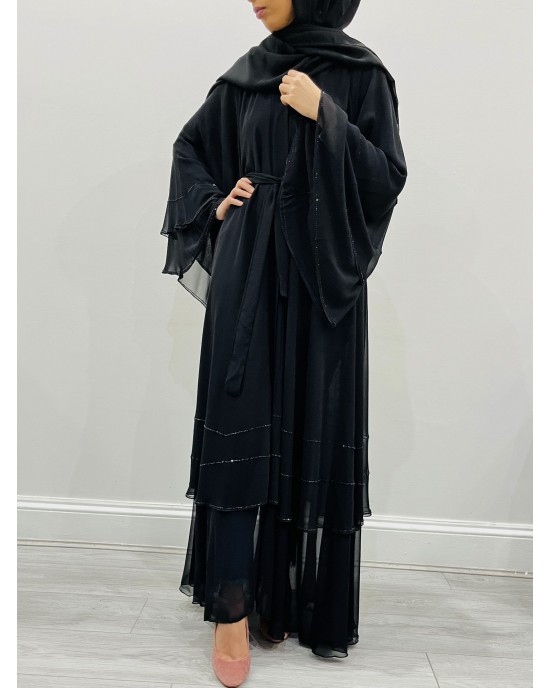 Amani's Black Chiffon Layered Embellished Open Abaya