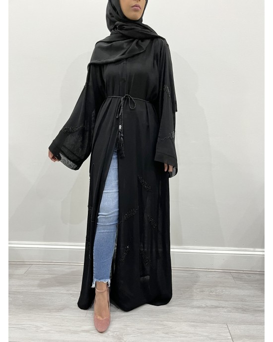 Amani's Black Double Chiffon Embellished Open Abaya