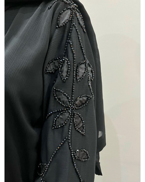 Amani's Black Leave Embellished Open Abaya