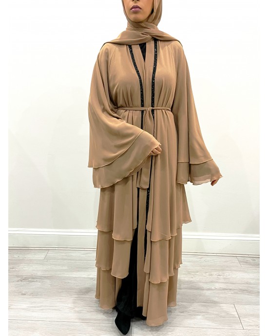 Amani's Caramel Embellished Chiffon Layered  Open Abaya