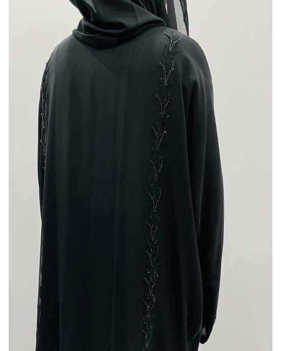Amani's Double Chiffon Black On Black Embellished Open Abaya