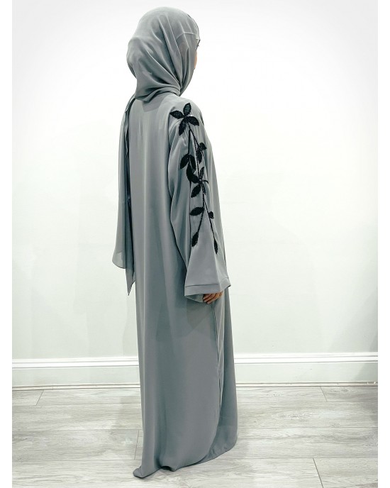 Amani's Double Chiffon Leave Embellished Open Abaya - Gray