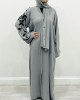 Amani's Double Chiffon Leave Embellished Open Abaya - Gray