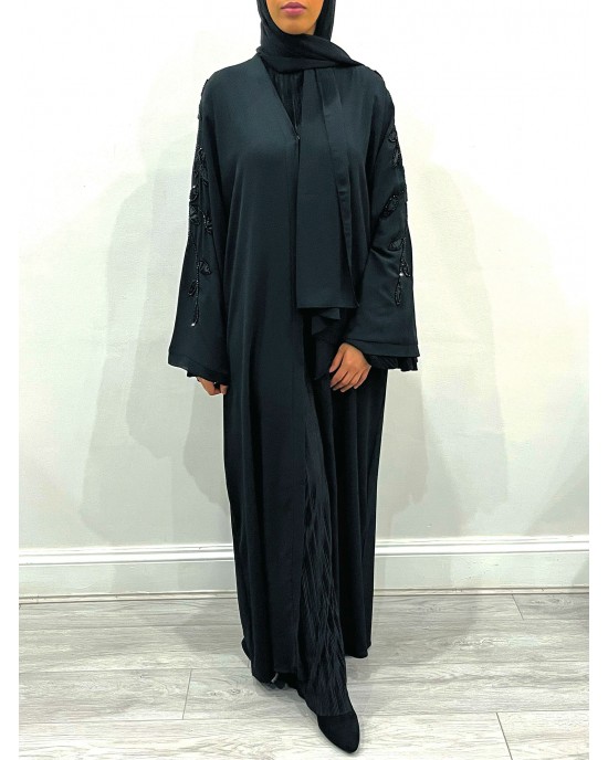 Amani's Double Chiffon Leave Embellished Open Abaya -Black