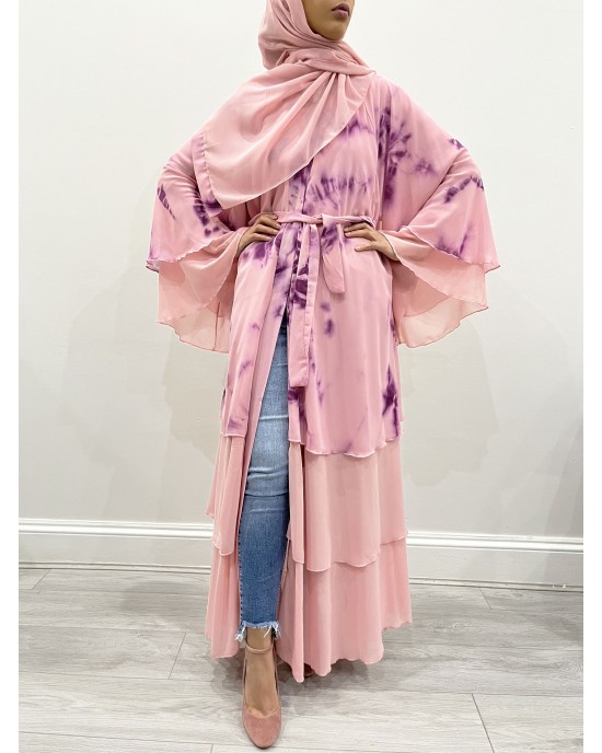 Amani's Pink Lemonade Dye Tie Layered Open Abaya