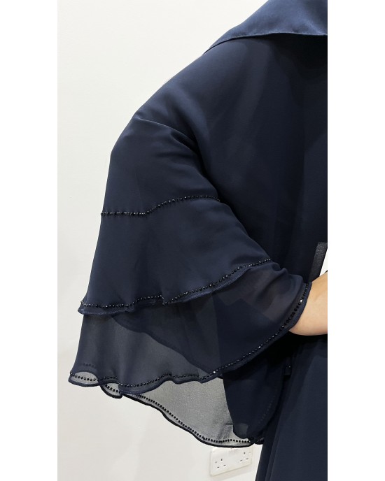 Amani's Navy Blue Chiffon Layered Embellished Open Abaya