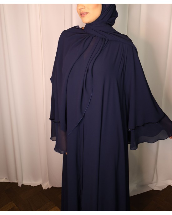 Amani's Navy Chiffon Layered Embellished Open Abaya