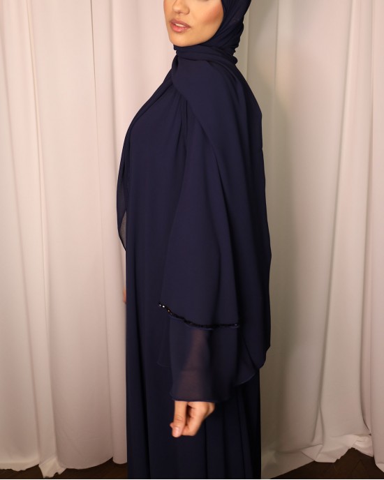 Amani's Navy Chiffon Layered Embellished Open Abaya