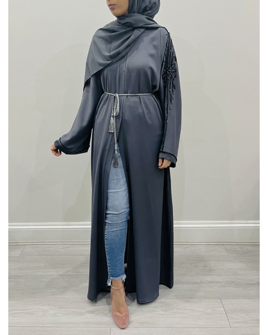 Amani's Slate Gray Arm Embellished Open Abaya
