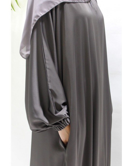 Dark Taupe Textured Satin Abaya With Pockets