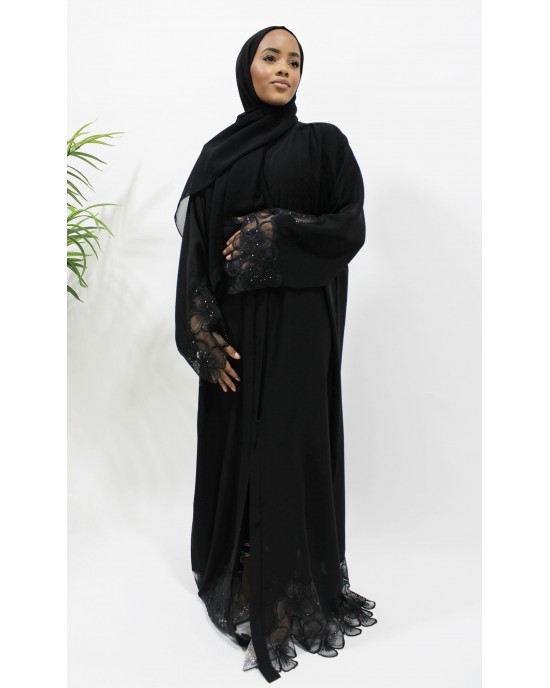 Luxury Black Lace Embellished Open Abaya 