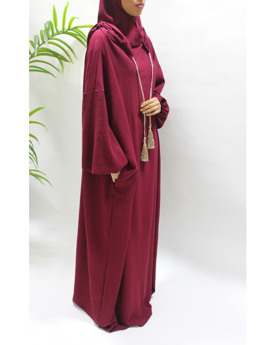 Double Hooded Prayer Abaya With Pockets - Burgendy