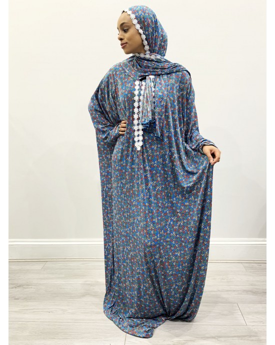 Corn Blue Floral One Piece Prayer Dress With Attached Scarf