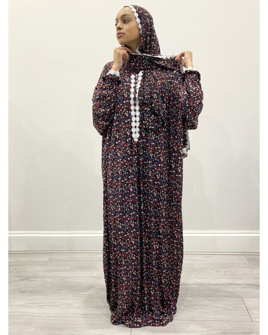 One Piece Floral Prayer Dress With Attached Hijab - Prayer Dress - PD005