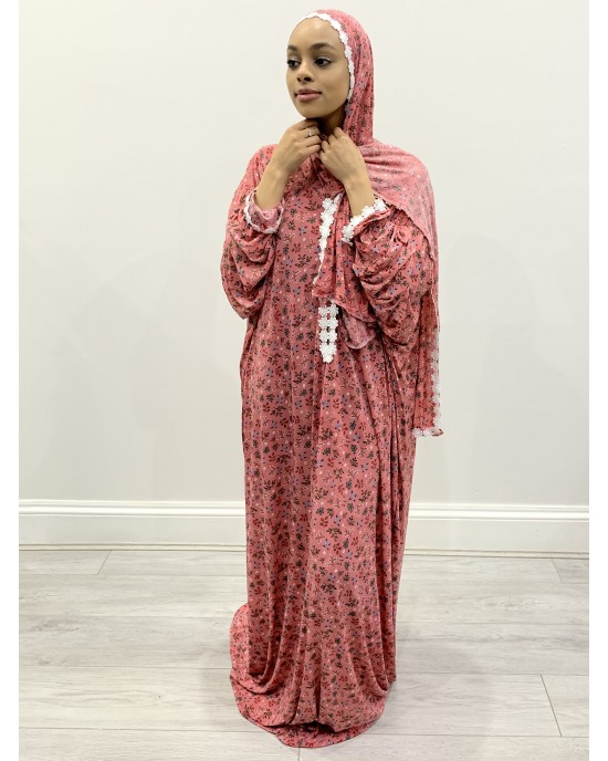 Pink Rose Floral One Piece Prayer Dress With Attached Scarf