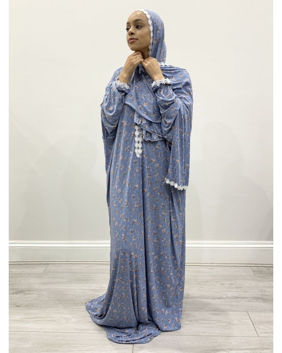 One Piece Soft Blue Prayer Dress With Attached Hijab -  - PD006