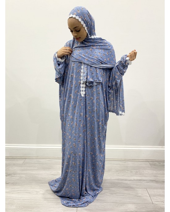 One Piece Soft Blue Prayer Dress With Attached Hijab -  - PD006