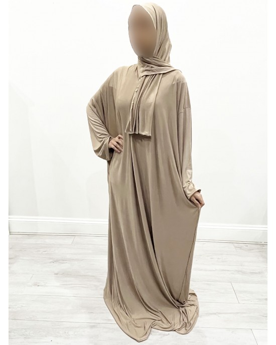One Piece Lycra Prayer Dress With Attached Hiijab - Sand