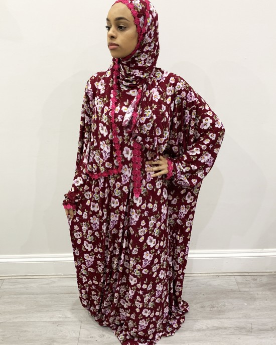 One Piece Burgendy Prayer Dress With Attached Hijab - Prayer Dress - PD003