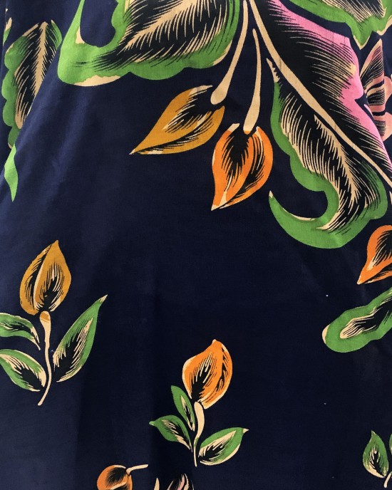 Navy Blue Leaf Print Bati Cotton Maxi Dress - Bati Dresses - BATI027
