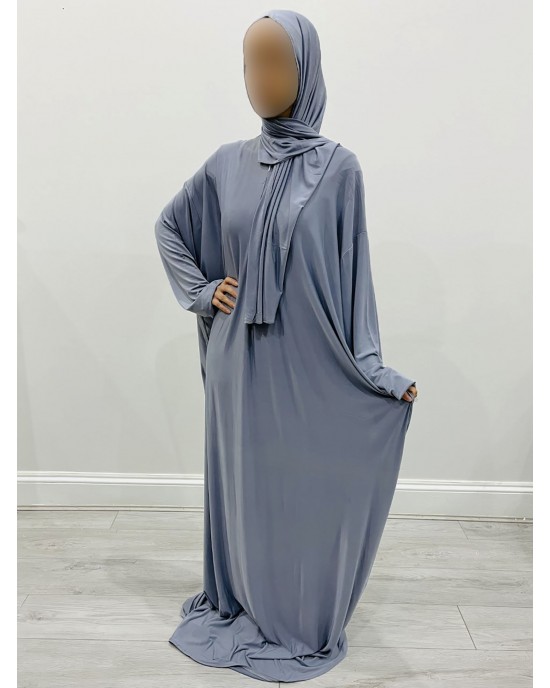 One Piece Lycra Prayer Dress With Attached Hiijab - Silver Grey