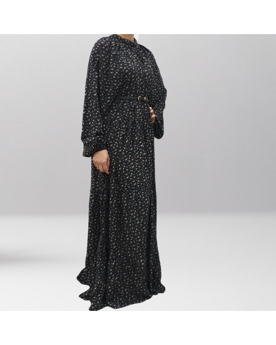 BLACK FLORAL TIERED DRESS - Long Sleeve Maxi Dresses - DRESS2025