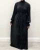 Satin Pleated Turtleneck Long Dress - Black