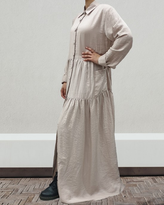 Taupe shirt dress - Long Sleeve Maxi Dresses - DRESS2024