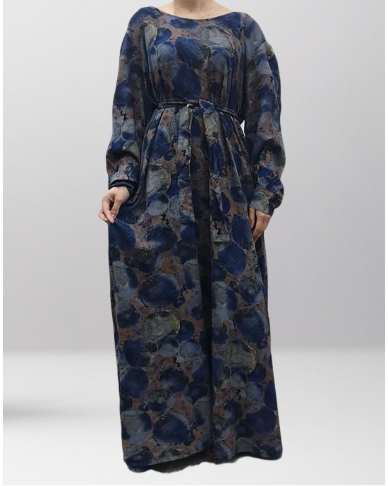 Soft Printed Cotton Navy-Tones Long Sleeve Pocket Maxi Dress - Long Sleeve Maxi Dresses - DRESS006