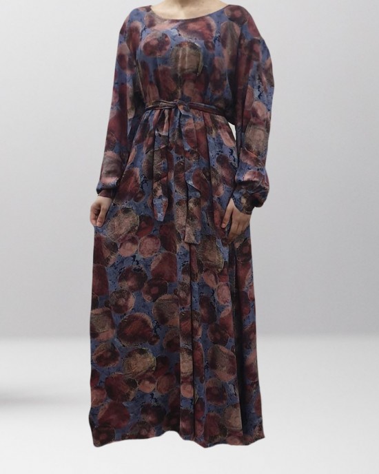 Soft printed cotton long sleeve plum tone pocket maxi dress - Long Sleeve Maxi Dresses - DRESS008