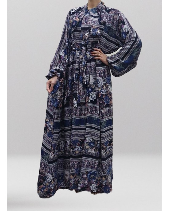 Soft Printed Cotton Bow Tie Blue Maxi Dress - Long Sleeve Maxi Dresses - DRESS005