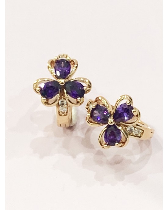 Purple Crystal Hearts Hoop Earrings - Gold Plated