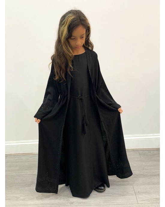Kids Two-Piece Black Diamante Abaya With Inner Belt