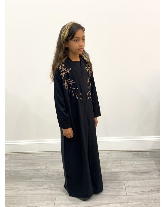 Kids Exclusive Handmade Embroidery Open Abaya - Black