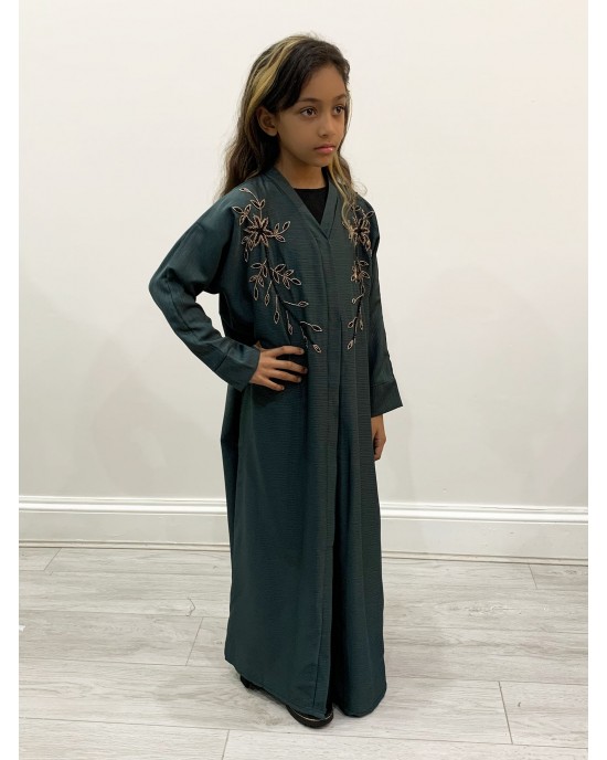 Kids Exclusive Handmade Embroidery Open Abaya - Deep Green