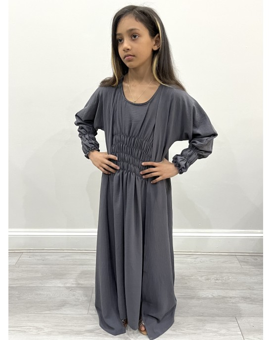 Kids Two-Piece Nevada Gray Jacket Style Abaya With Belt