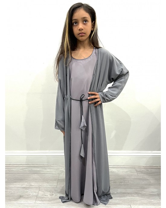 Kids Two-Piece Slate Gray Diamante Abaya With Inner Belt