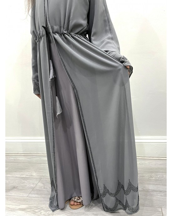 Kids Two-Piece Slate Gray Diamante Abaya With Inner Belt