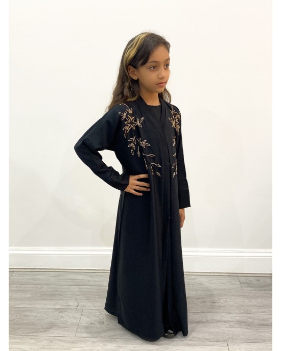 Kids Exclusive Handmade Embroidery Open Abaya - Black