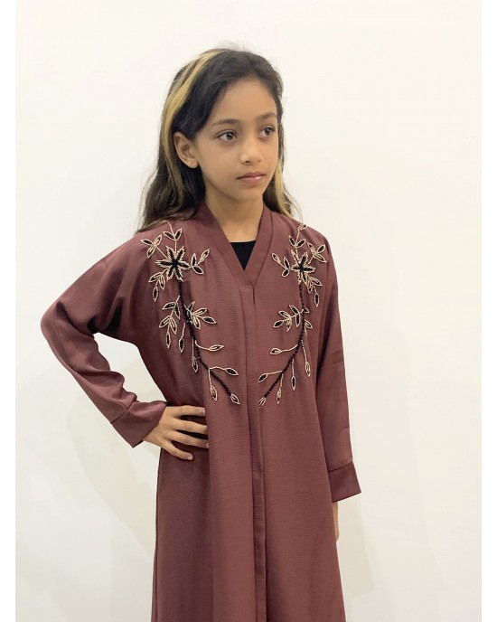 Kids Exclusive Handmade Embroidery Open Abaya - Old Mauve