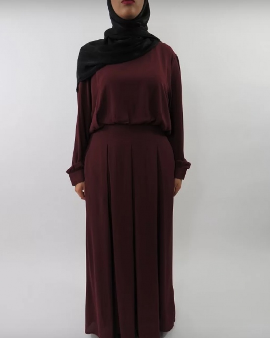 Amani’s Chiffon Burgundy Long Sleeve Maxi Dress with Pleats and Pockets Style UK
