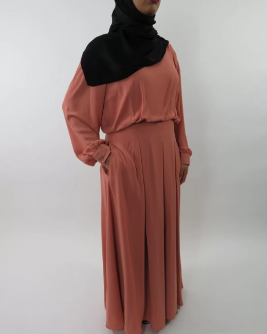 Amani’s Chiffon Coral Long Sleeve Maxi Dress with Pleats and Pockets Style UK