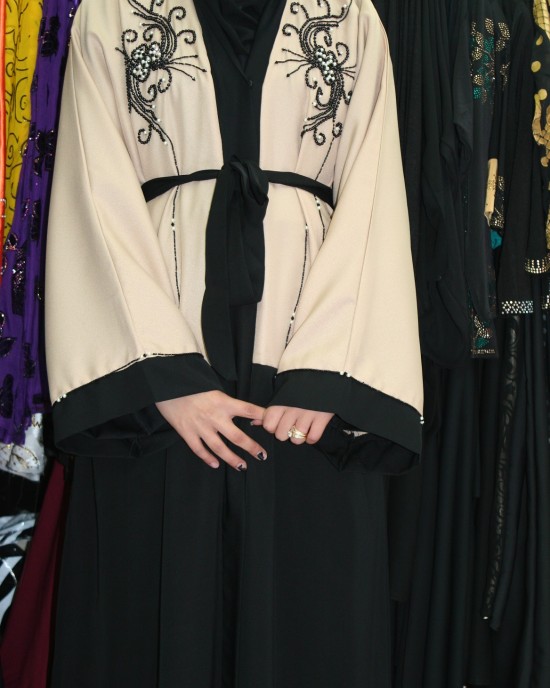 Amanis cream and black open abaya jacket style uk - Abayas - EX011
