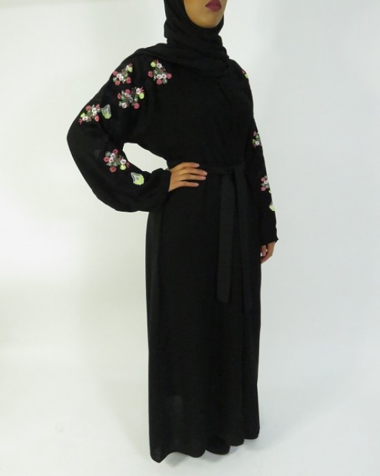 Amani’s Black and Floral Embroidery Abaya UK - Abayas - Abaya010