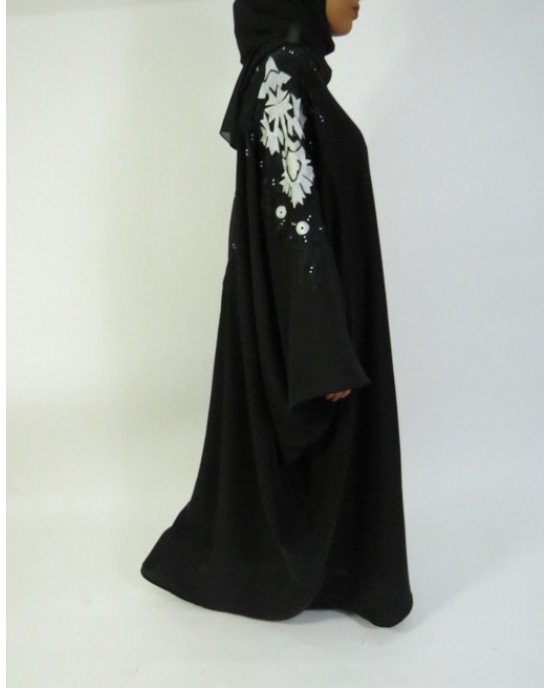 Amani’s Black and White Floral Embroidery Open Abaya Style UK - Abayas - Abaya006