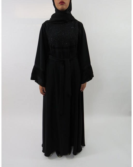 Amani’s Designer Black on Black Embellished Umbrella Cut Abaya Style UK - Abayas - Abaya055