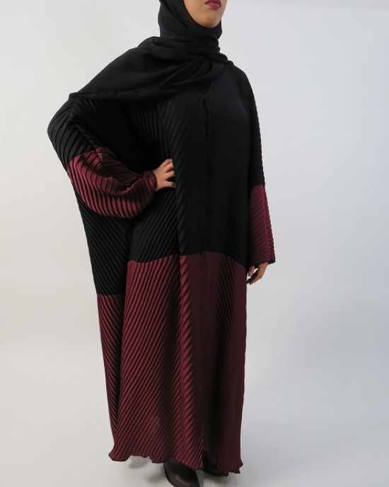 Amani’s Full Pleated Black and Burgundy Open Abaya Style - Abayas - Abaya035