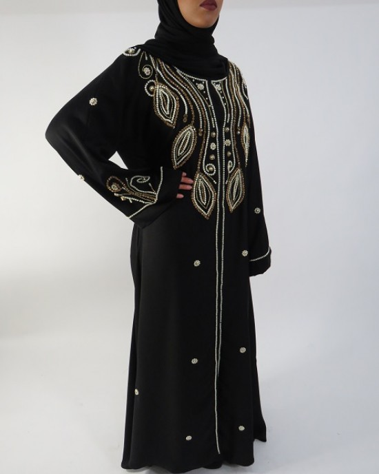 Amani’s Gold and Black Beads Occasion Open Abaya Style UK - Abayas - Abaya014